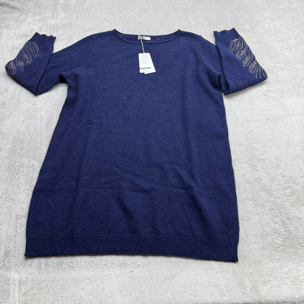 Woolovers Boat Neck Tunic Women XL Navy Blue Studded Sleeve Wool Quiet Luxury
